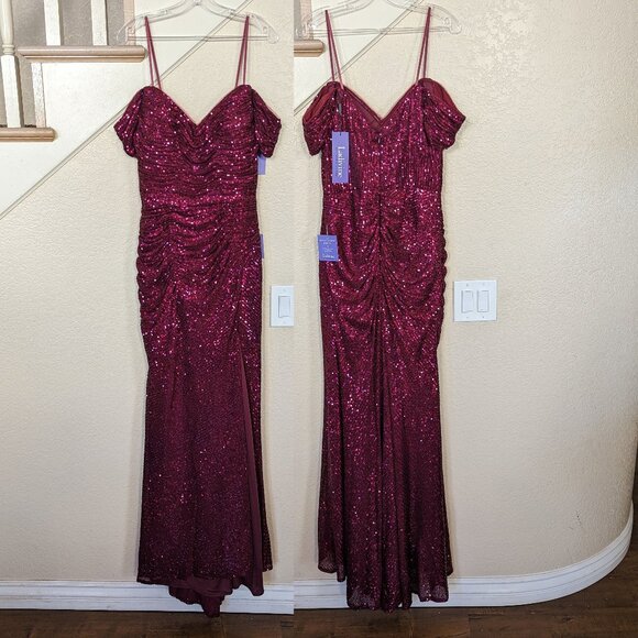 Burgundy Red Sequin Off the Shoulder Formal Prom Wedding Evening Dress 6 - Picture 2 of 4